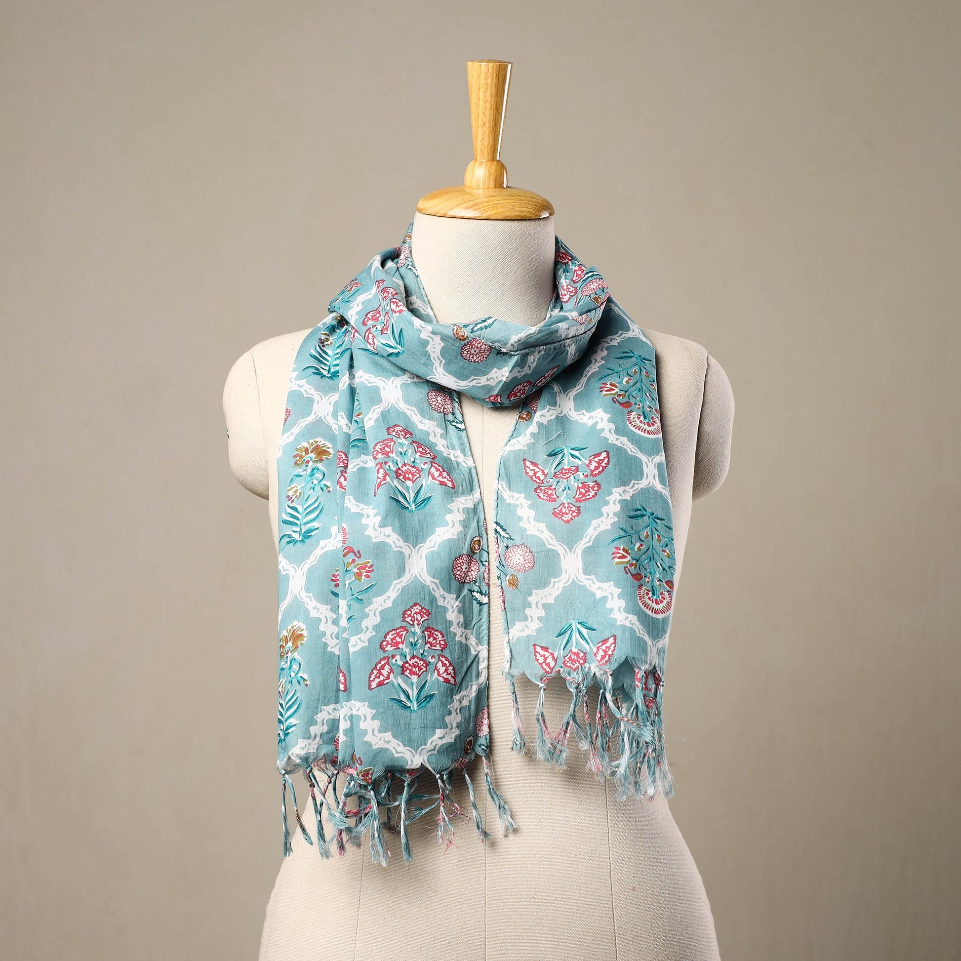 Blue - Block Print Cotton Sanganeri Stole with Tassels 196