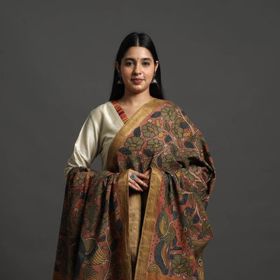 Brown - Mangalagiri Cotton Handpainted Pen Work Kalamkari Dupatta 26