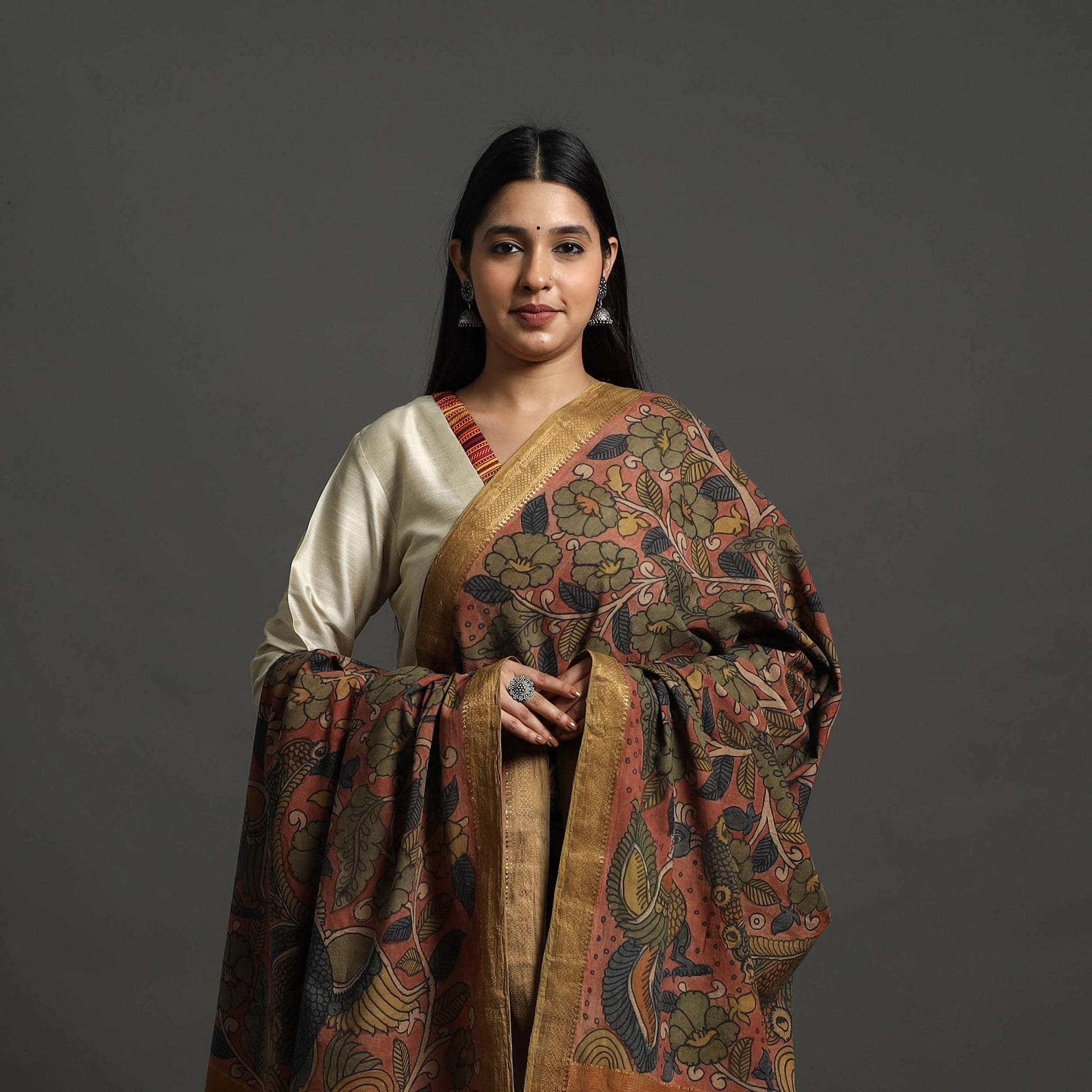 Brown - Mangalagiri Cotton Handpainted Pen Work Kalamkari Dupatta 26