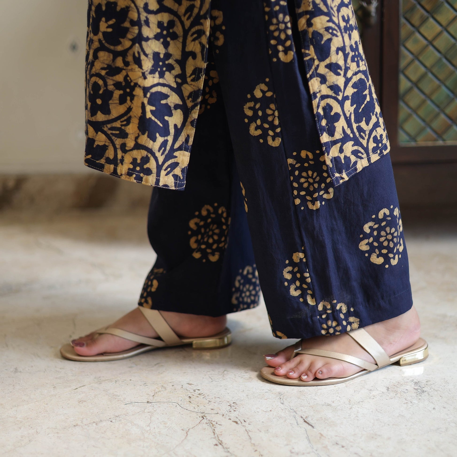 Blue - Batik Print Cotton Kurta with Palazzo & Dupatta Suit Set 07