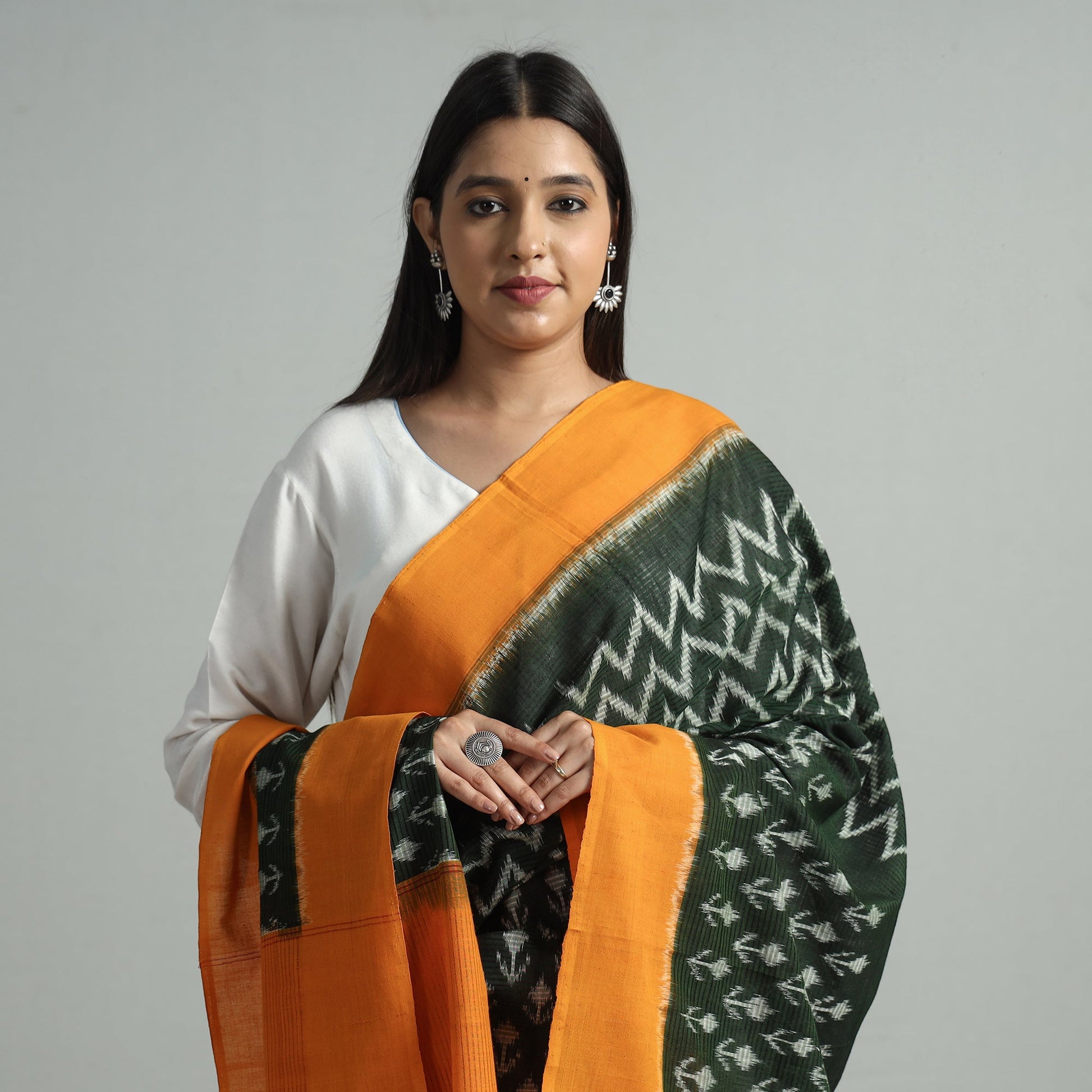 Green - Pochampally Missing Ikat Weave Cotton Handloom Dupatta 45