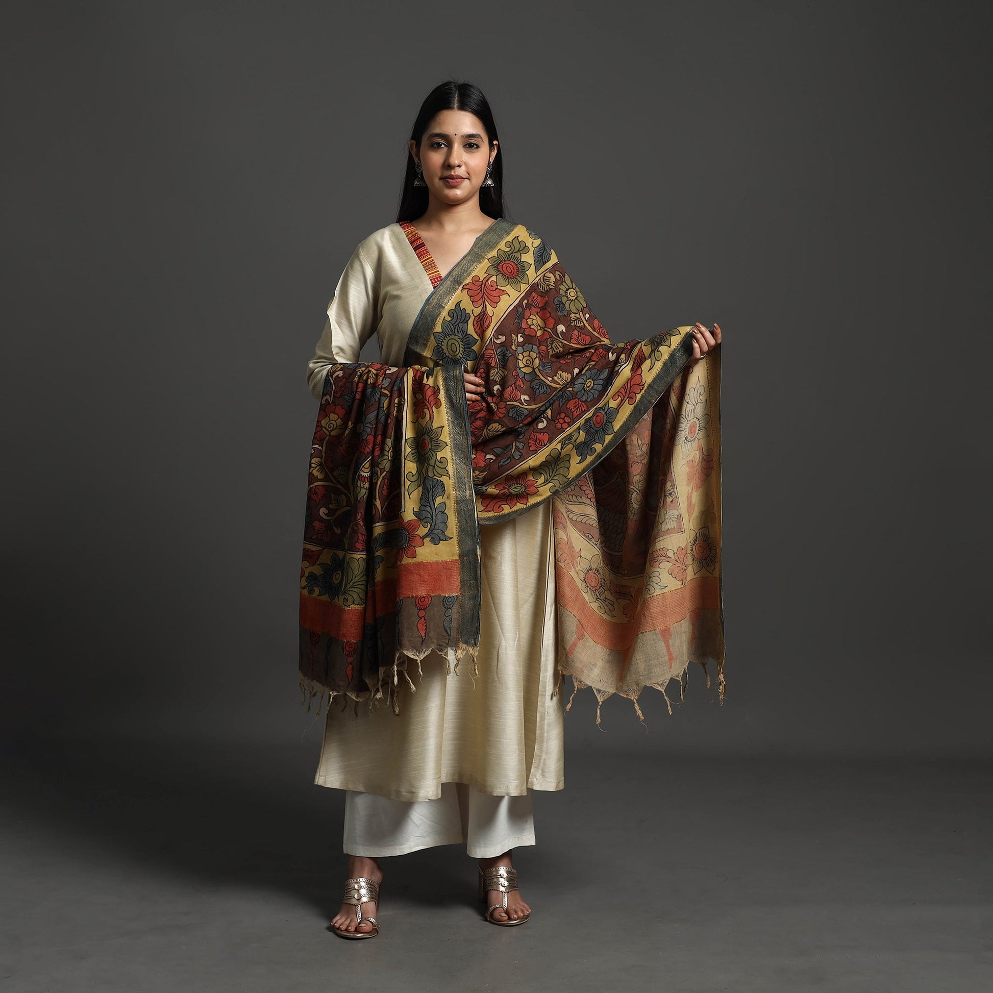 Brown - Mangalagiri Cotton Handpainted Pen Work Kalamkari Dupatta 27