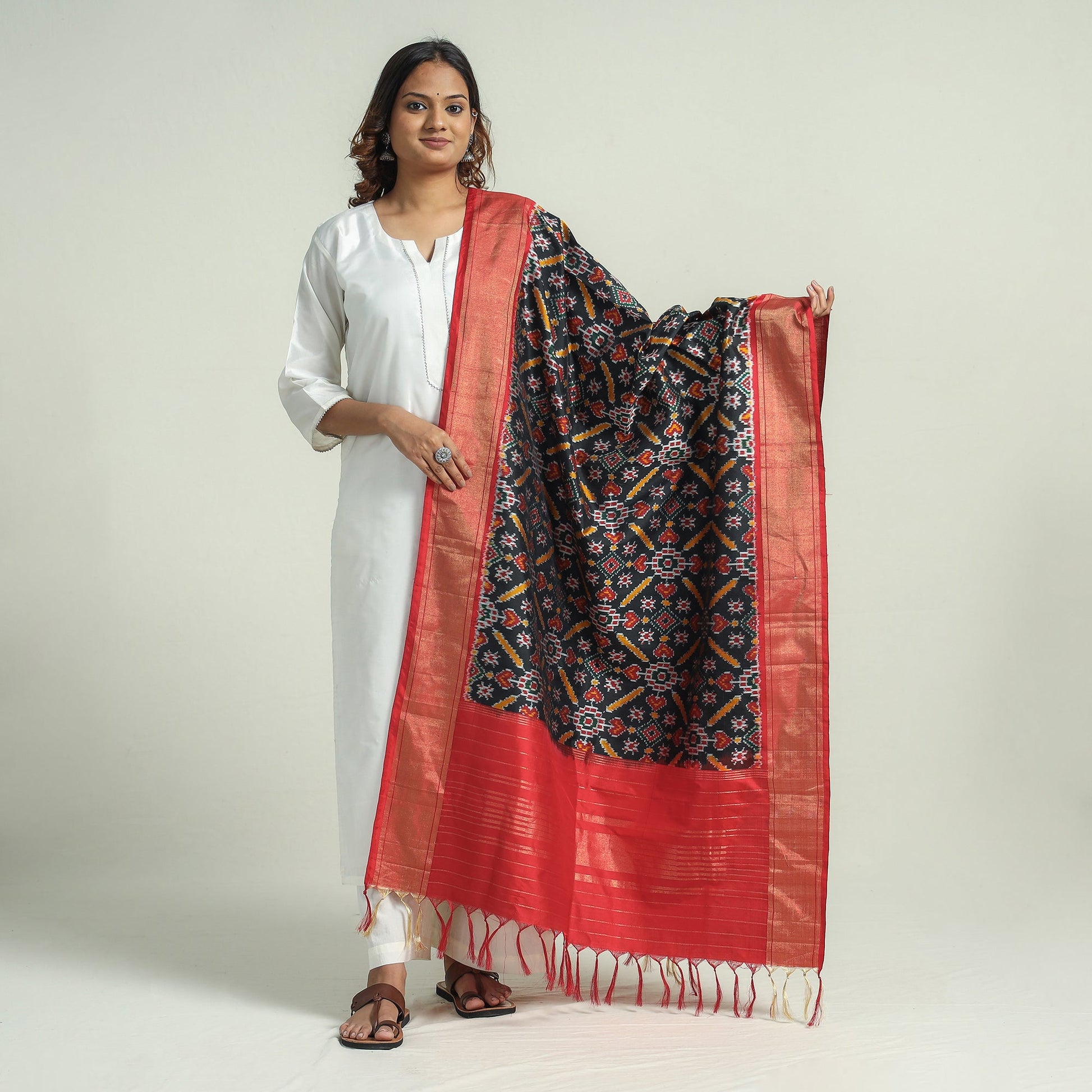 Black - Handspun Handwoven Pochampally Ikat Silk Dupatta with Zari Border