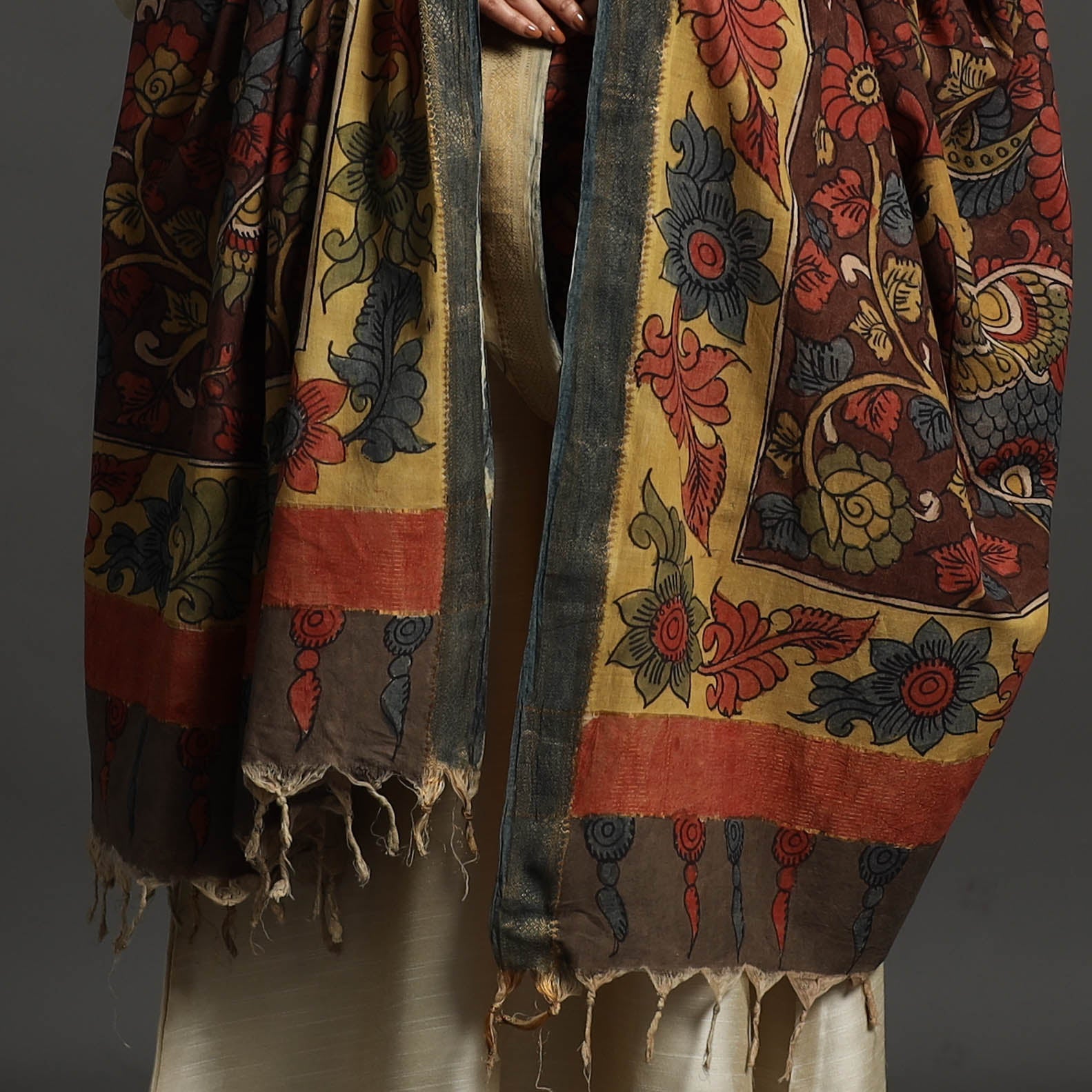 Brown - Mangalagiri Cotton Handpainted Pen Work Kalamkari Dupatta 27