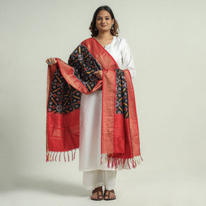 Black - Handspun Handwoven Pochampally Ikat Silk Dupatta with Zari Border