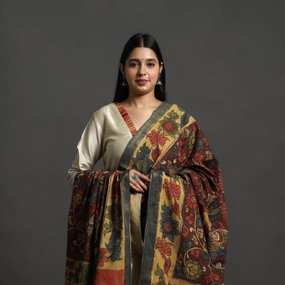 Brown - Mangalagiri Cotton Handpainted Pen Work Kalamkari Dupatta 27