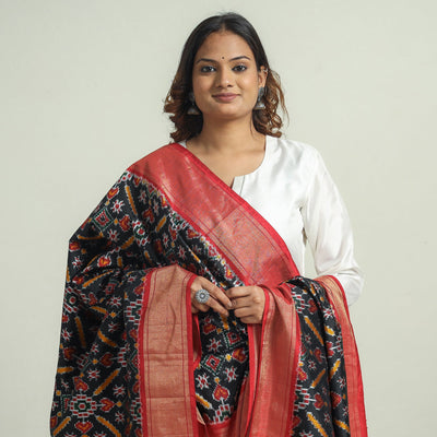 Black - Handspun Handwoven Pochampally Ikat Silk Dupatta with Zari Border