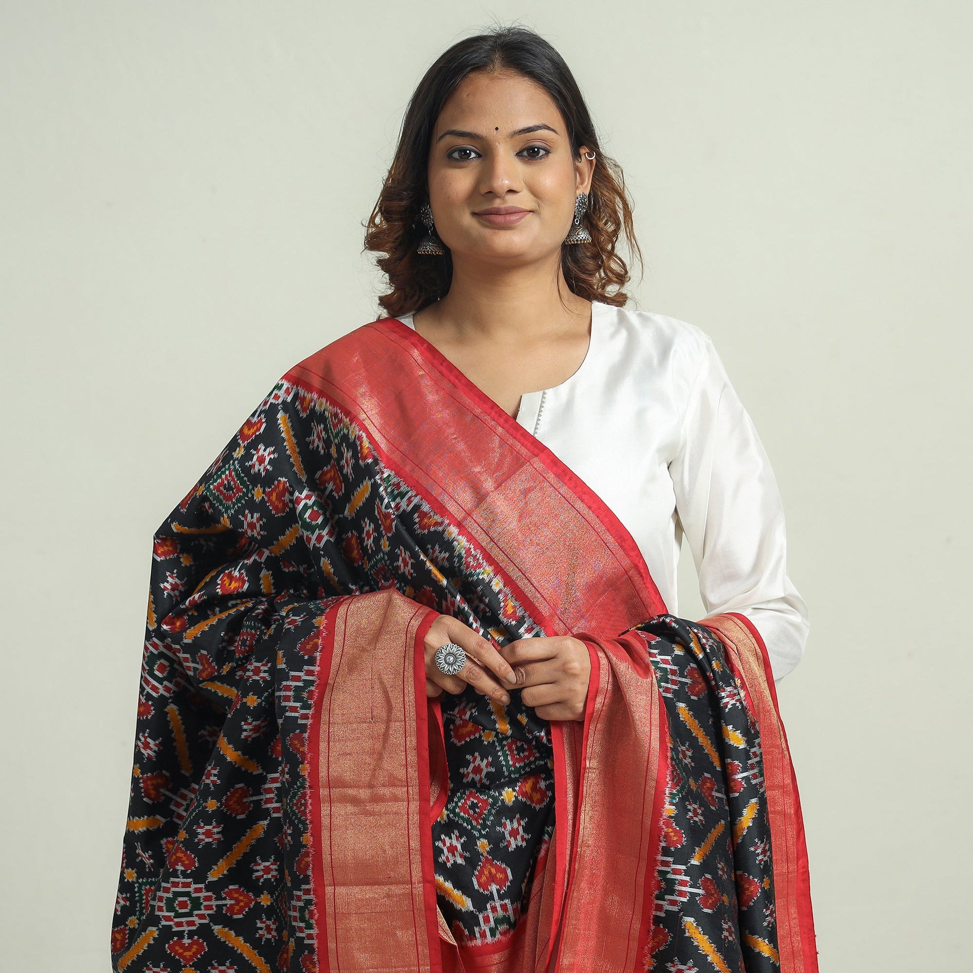 Black - Handspun Handwoven Pochampally Ikat Silk Dupatta with Zari Border