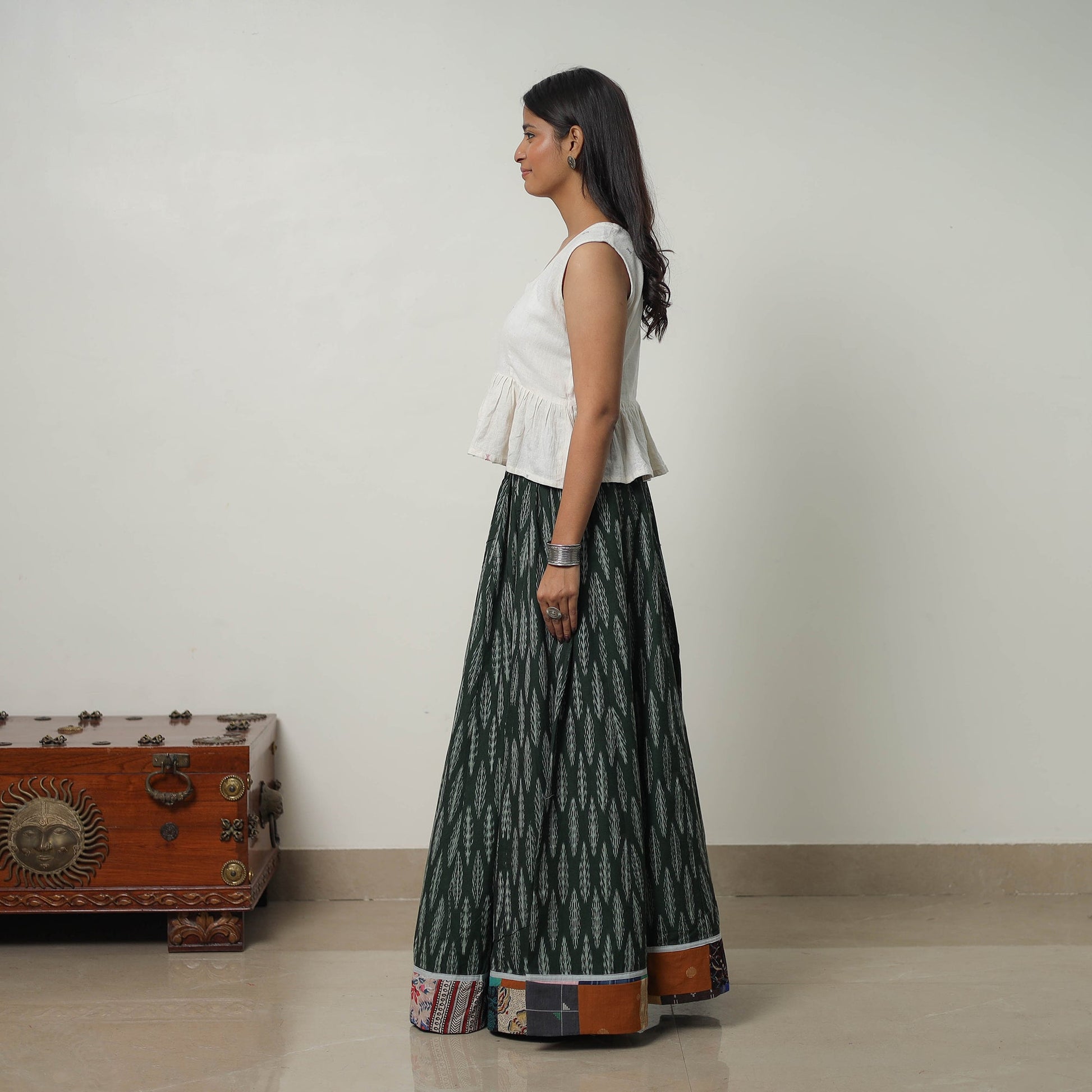 Green - 24 Kali Cotton Pochampally Ikat Skirt 24