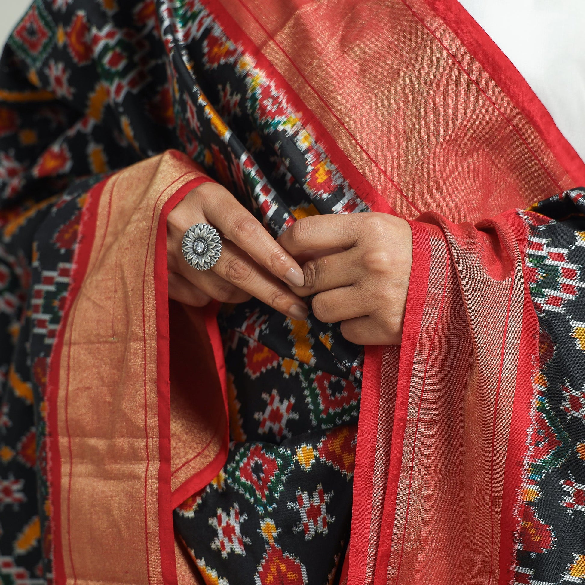Black - Handspun Handwoven Pochampally Ikat Silk Dupatta with Zari Border
