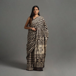Brown - Natural Dyed Block Print Cotton Pipad Saree 06