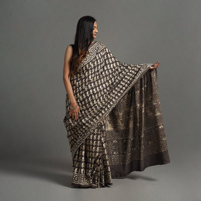 Brown - Natural Dyed Block Print Cotton Pipad Saree 06