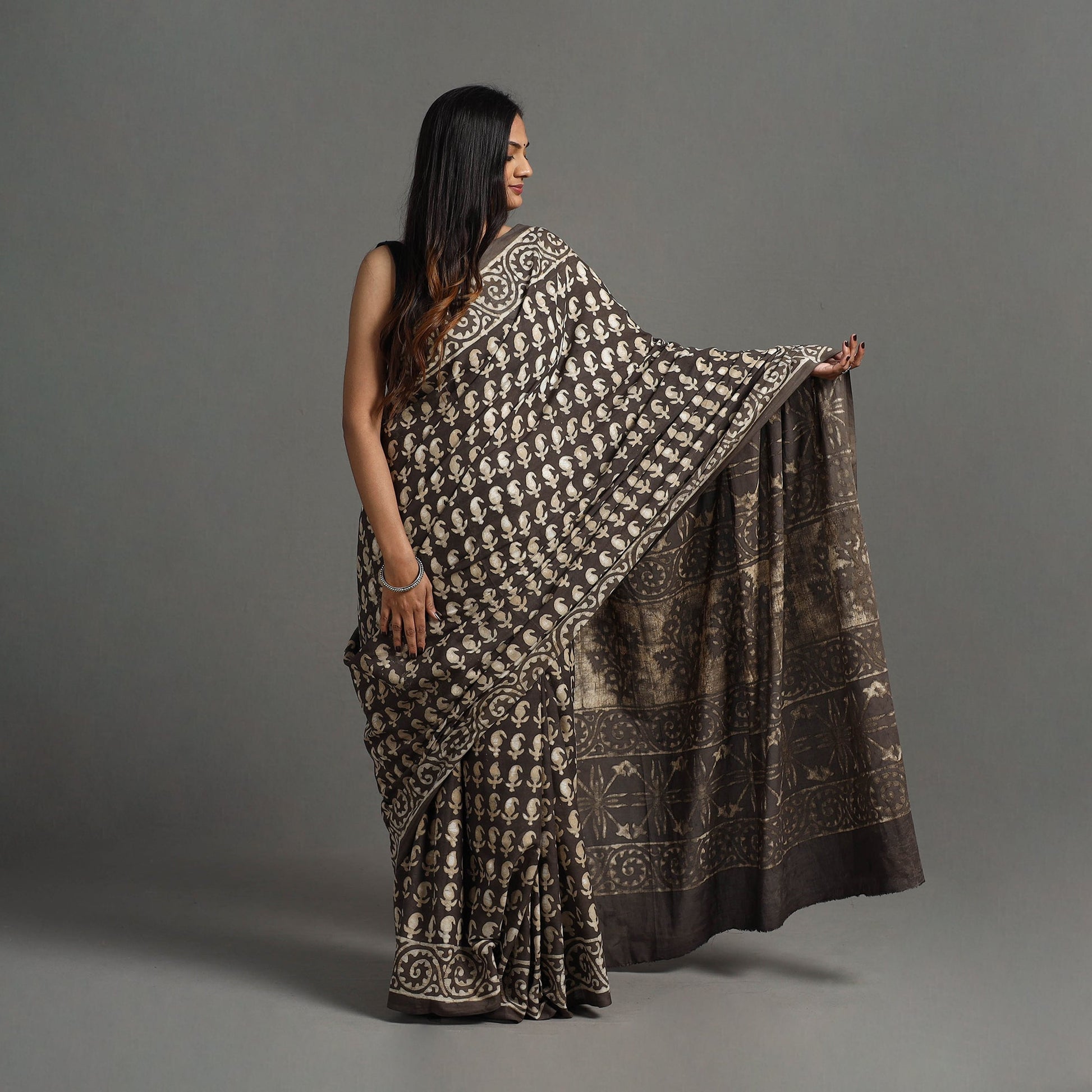 Brown - Natural Dyed Block Print Cotton Pipad Saree 06