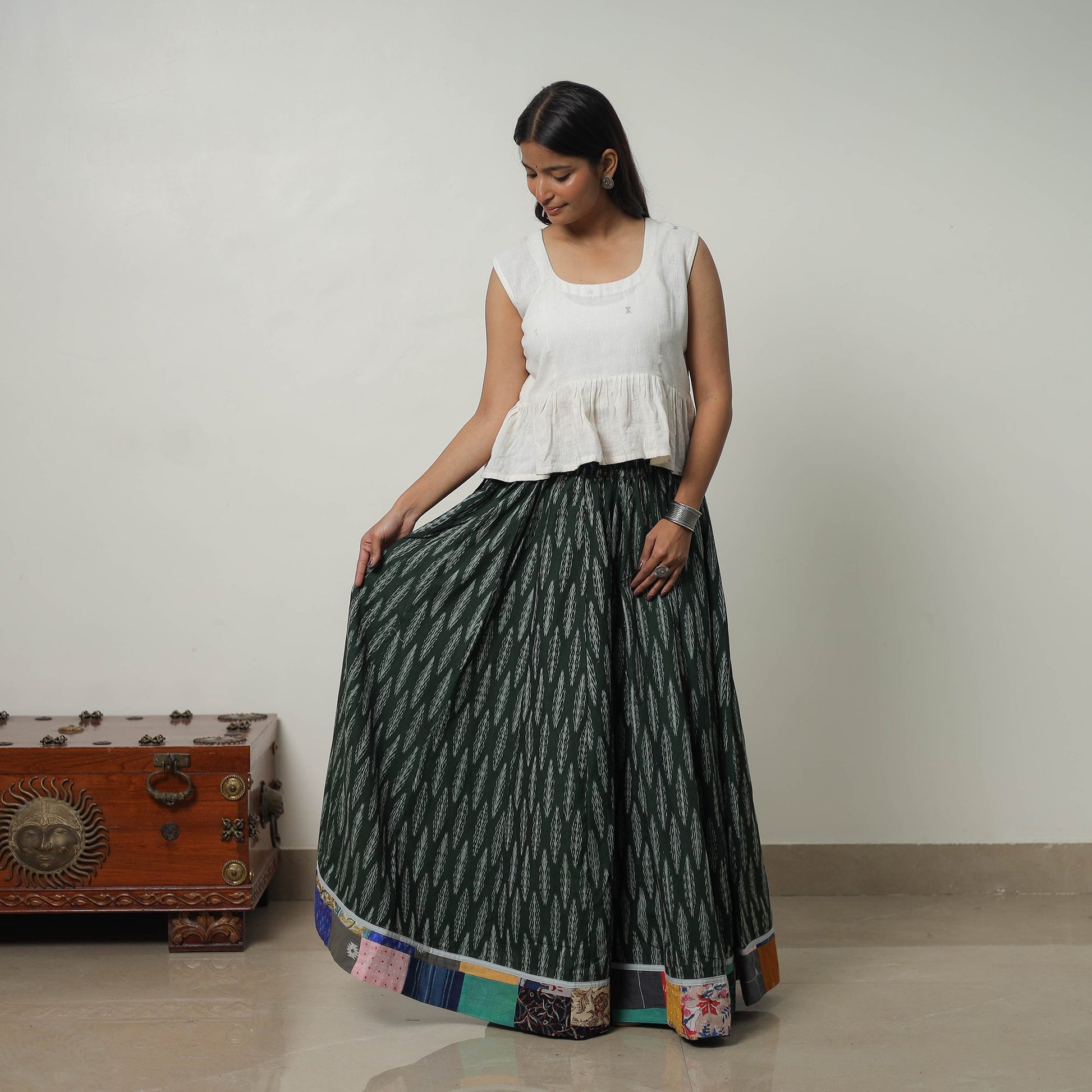 Green - 24 Kali Cotton Pochampally Ikat Skirt 24