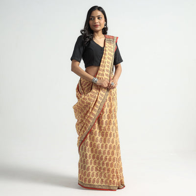 Beige - Bagh Hand Block Printed Cotton Saree