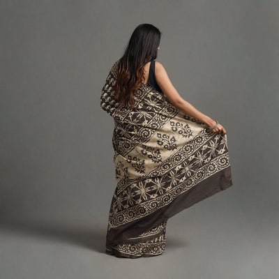 Brown - Natural Dyed Block Print Cotton Pipad Saree 06