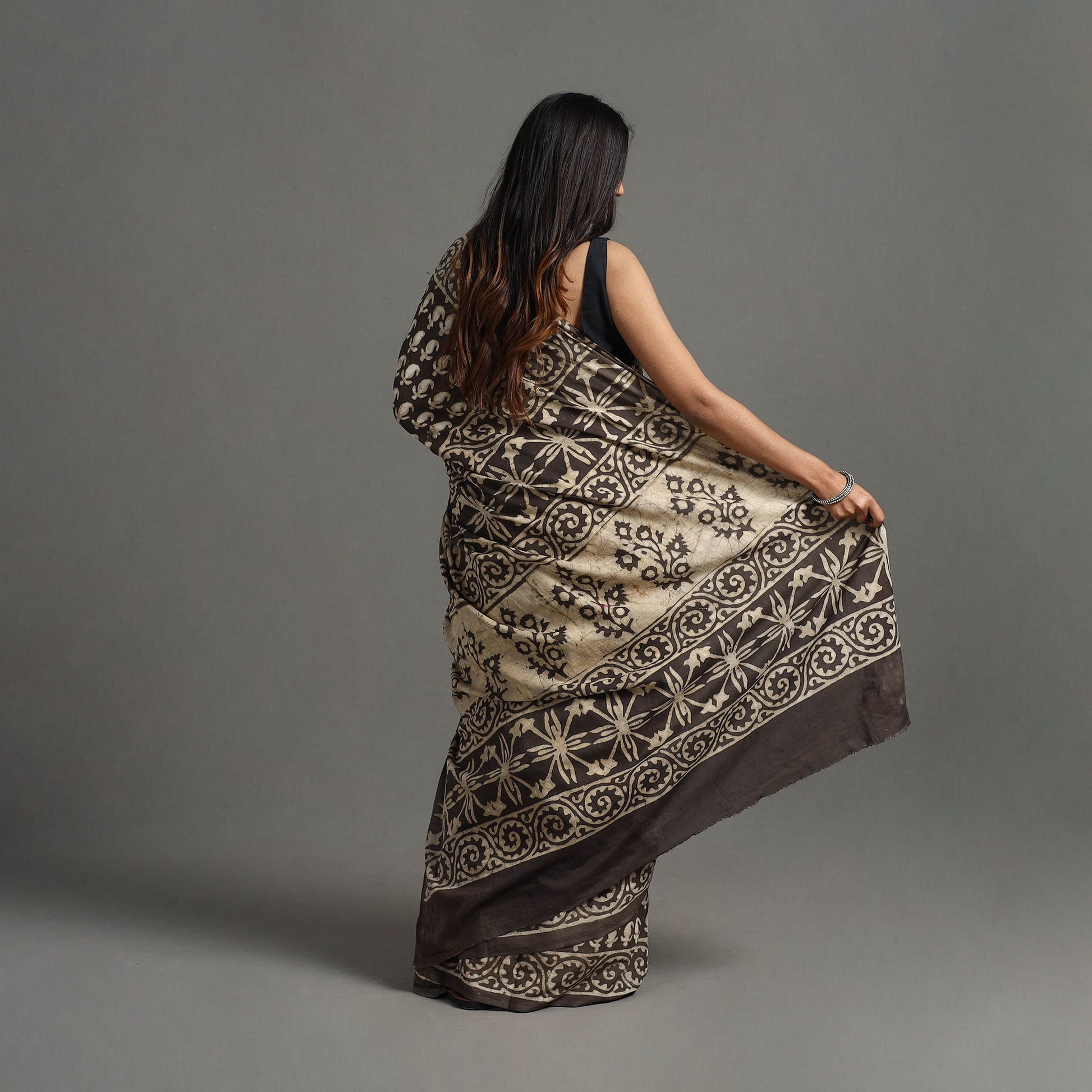 Brown - Natural Dyed Block Print Cotton Pipad Saree 06