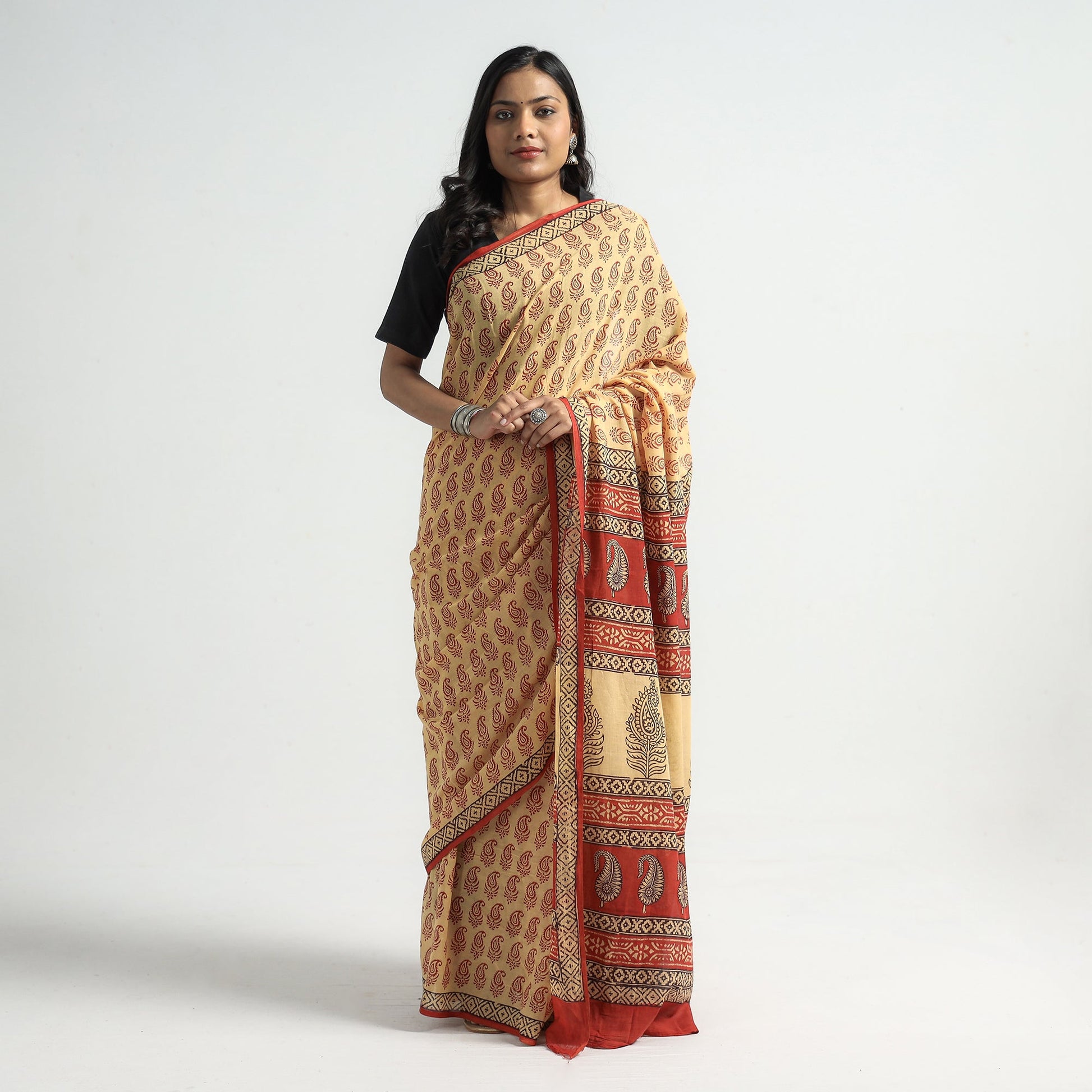 Beige - Bagh Hand Block Printed Cotton Saree