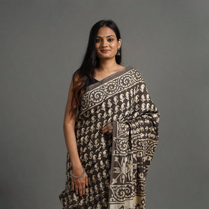 Brown - Natural Dyed Block Print Cotton Pipad Saree 06