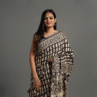 Brown - Natural Dyed Block Print Cotton Pipad Saree 06