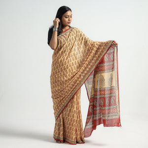 Beige - Bagh Hand Block Printed Cotton Saree