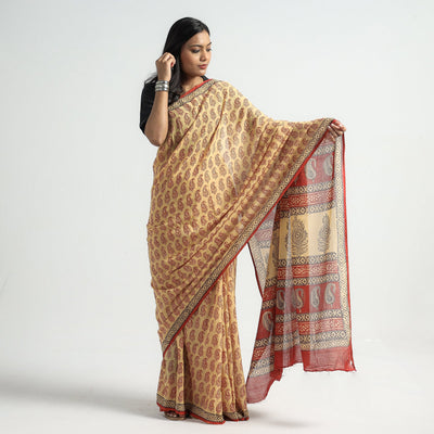 Beige - Bagh Hand Block Printed Cotton Saree