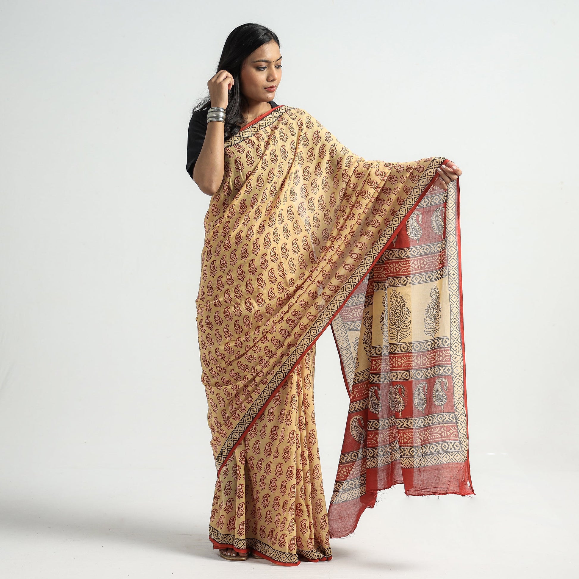 Beige - Bagh Hand Block Printed Cotton Saree