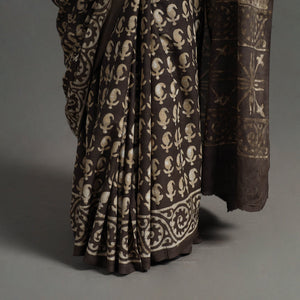 Brown - Natural Dyed Block Print Cotton Pipad Saree 06