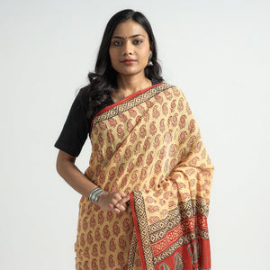 Beige - Bagh Hand Block Printed Cotton Saree