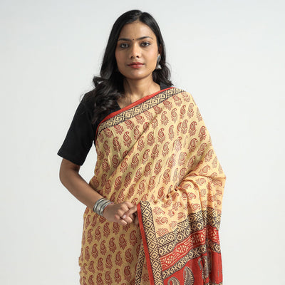 Beige - Bagh Hand Block Printed Cotton Saree