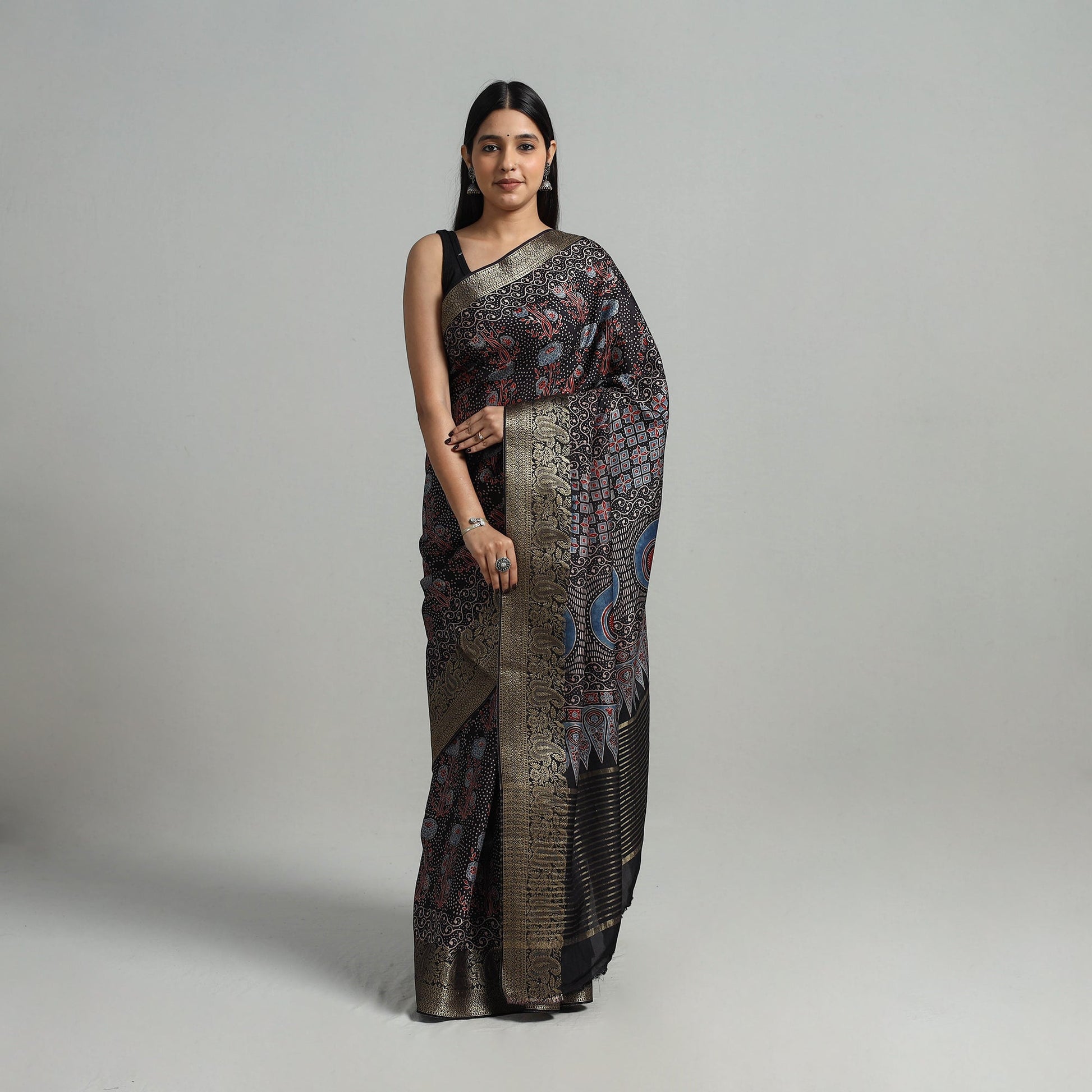Black - Natural Dyed Hand Block Print Dola Silk Ajrakh Saree 05