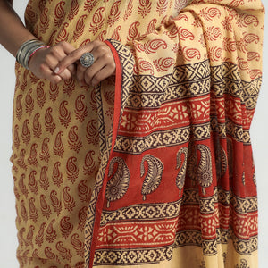Beige - Bagh Hand Block Printed Cotton Saree