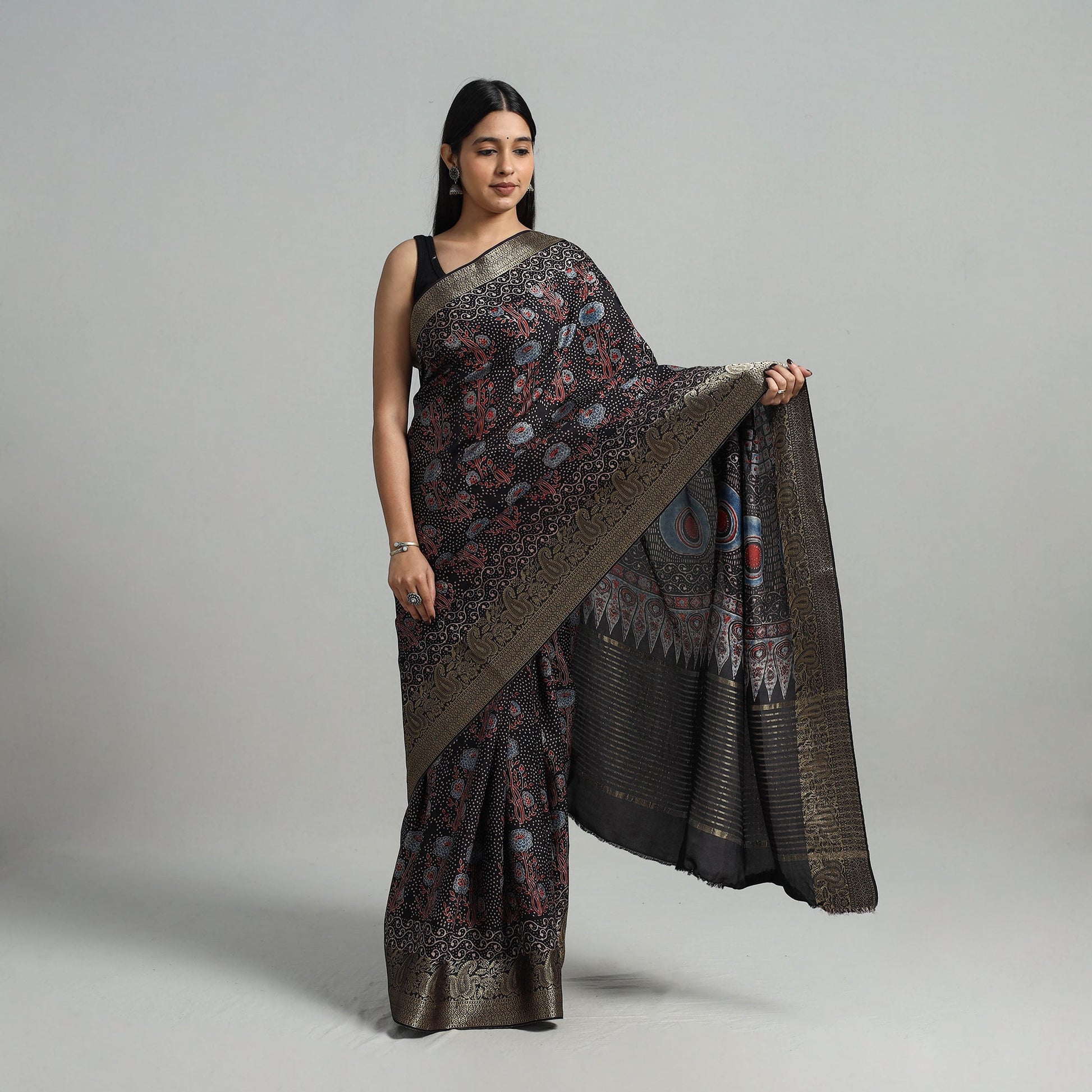 Black - Natural Dyed Hand Block Print Dola Silk Ajrakh Saree 05
