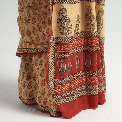 Beige - Bagh Hand Block Printed Cotton Saree