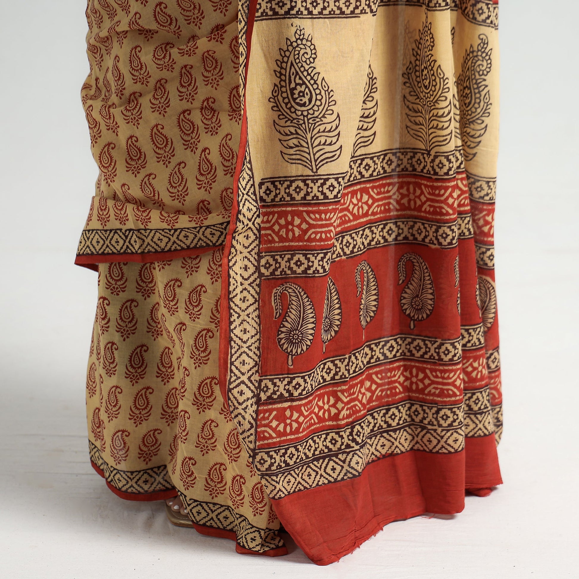 Beige - Bagh Hand Block Printed Cotton Saree