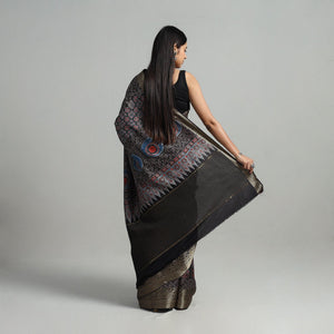 Black - Natural Dyed Hand Block Print Dola Silk Ajrakh Saree 05