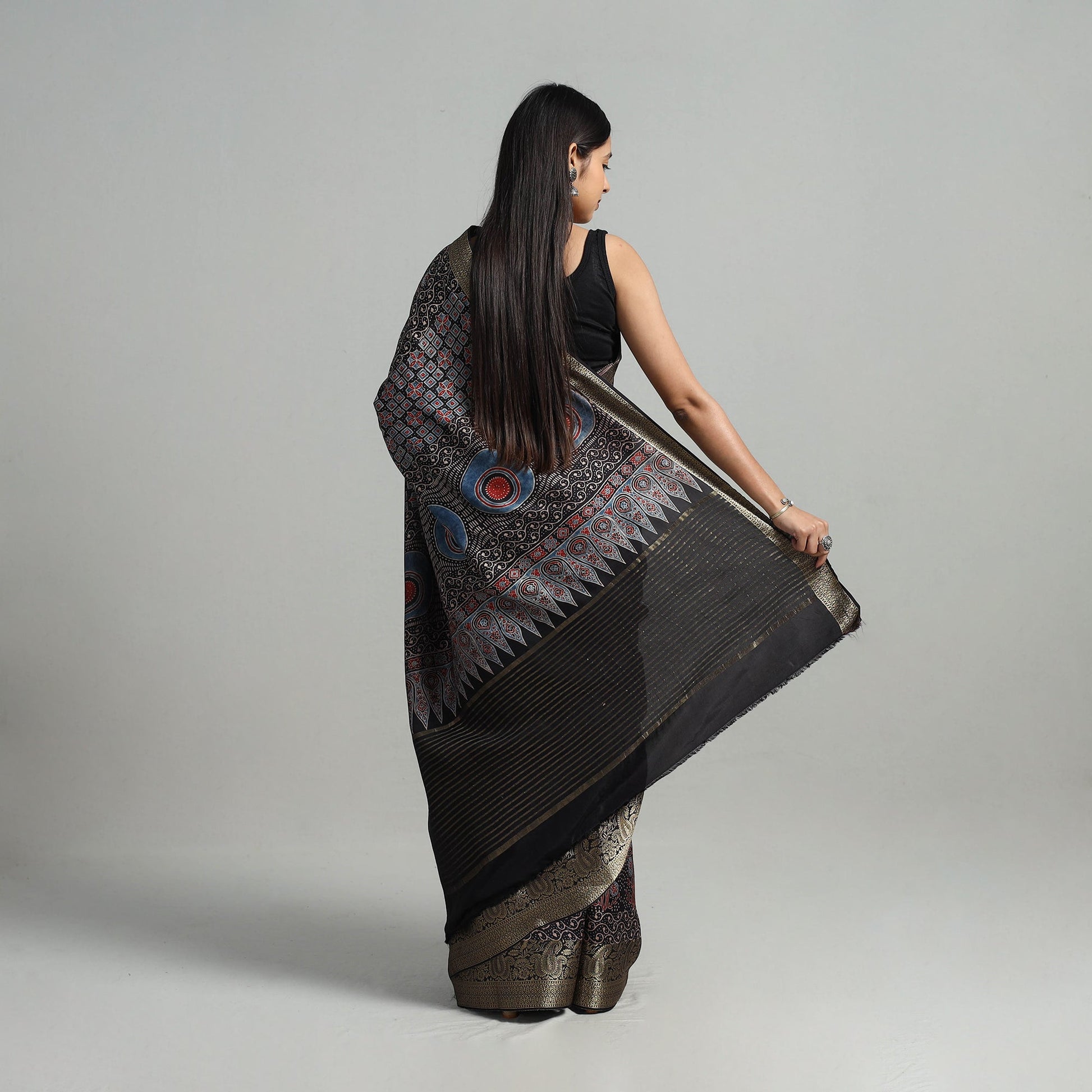 Black - Natural Dyed Hand Block Print Dola Silk Ajrakh Saree 05