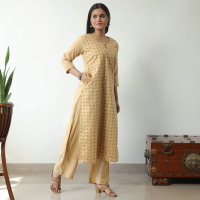 Beige - Applique Cut Work Cotton Kurta with Palazzo & Dupatta Set 01