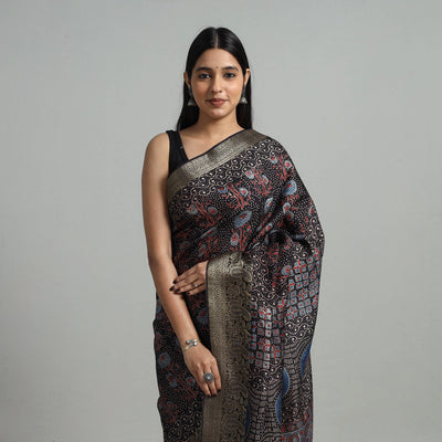 Black - Natural Dyed Hand Block Print Dola Silk Ajrakh Saree 05