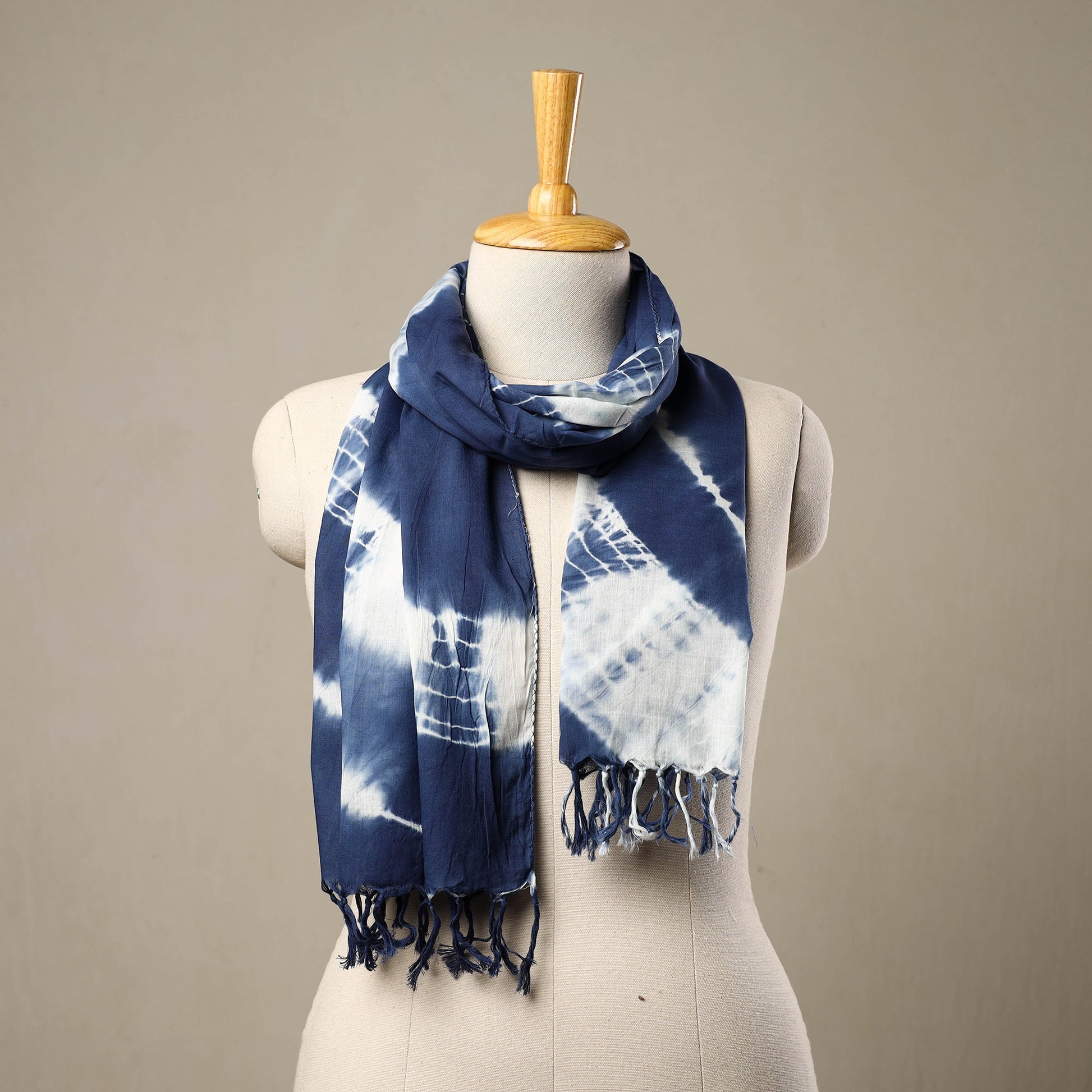 Blue - Cotton Tie-Dye Shibori Stole with Tassels 210