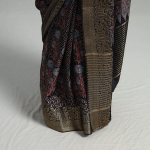 Black - Natural Dyed Hand Block Print Dola Silk Ajrakh Saree 05