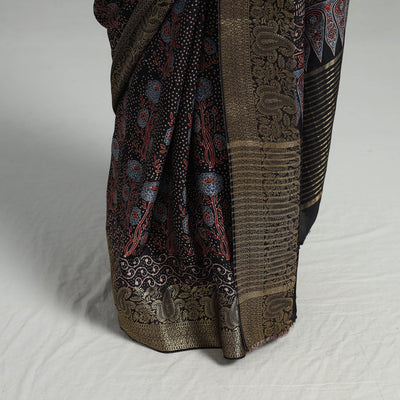 Black - Natural Dyed Hand Block Print Dola Silk Ajrakh Saree 05