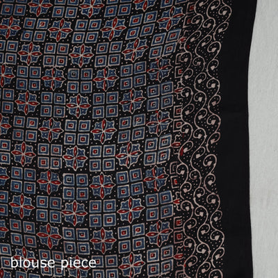 Black - Natural Dyed Hand Block Print Dola Silk Ajrakh Saree 05