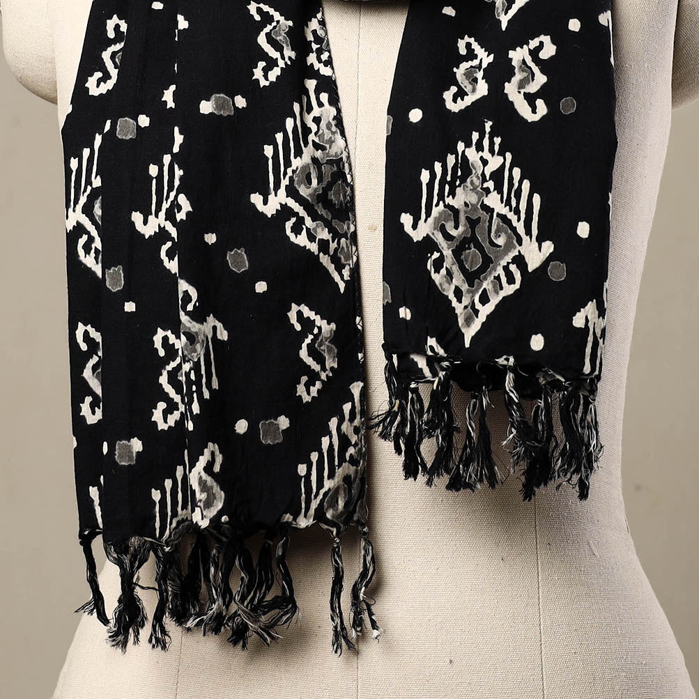Black - Block Print Cotton Sanganeri Stole with Tassels 213