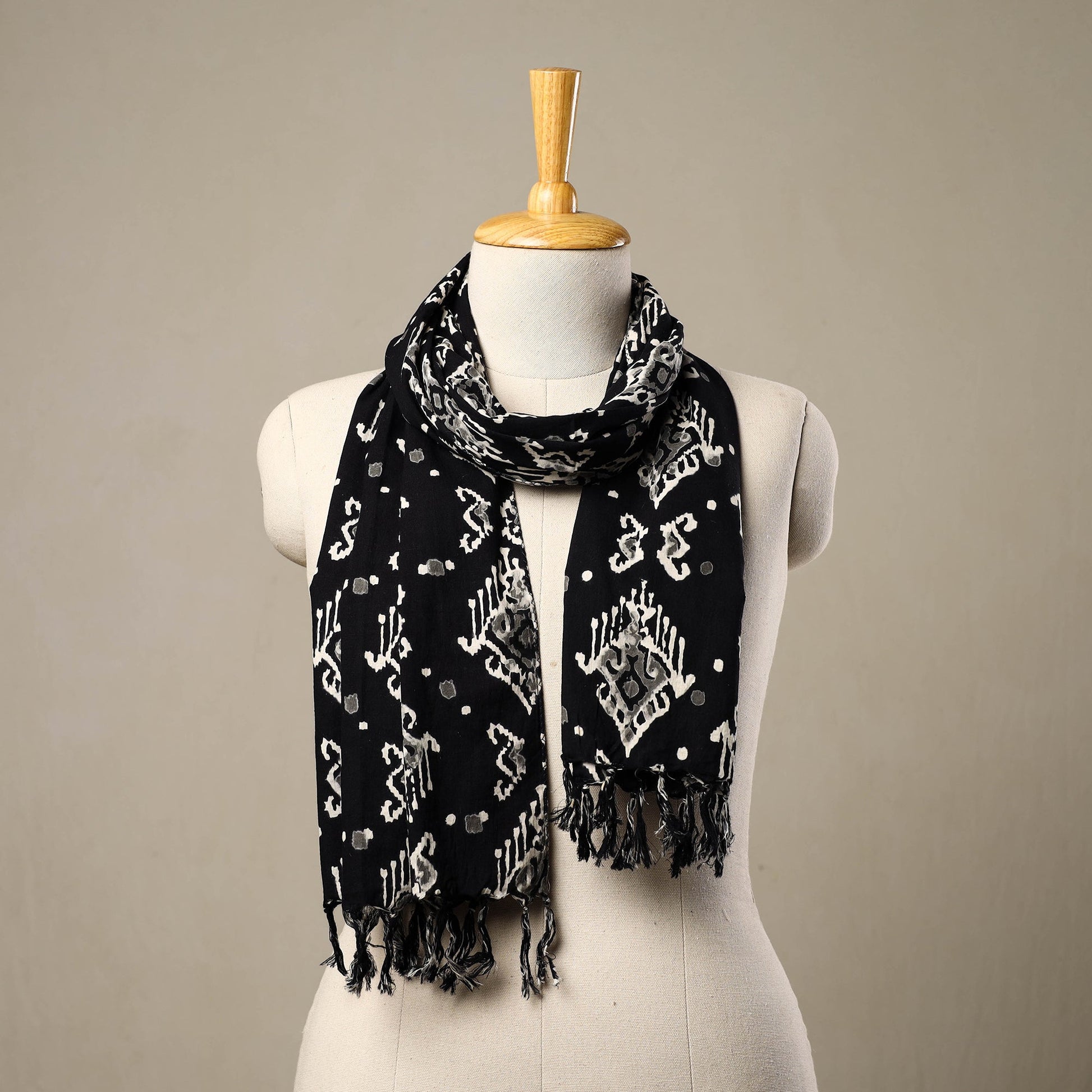 Black - Block Print Cotton Sanganeri Stole with Tassels 213