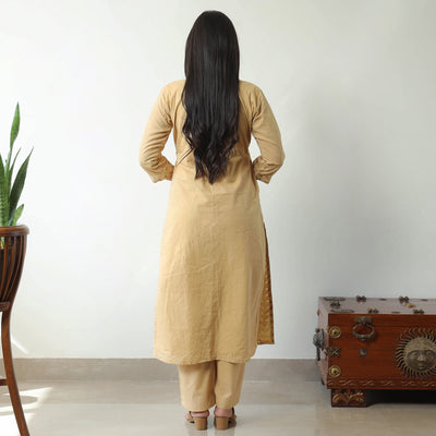 Beige - Applique Cut Work Cotton Kurta with Palazzo & Dupatta Set 01