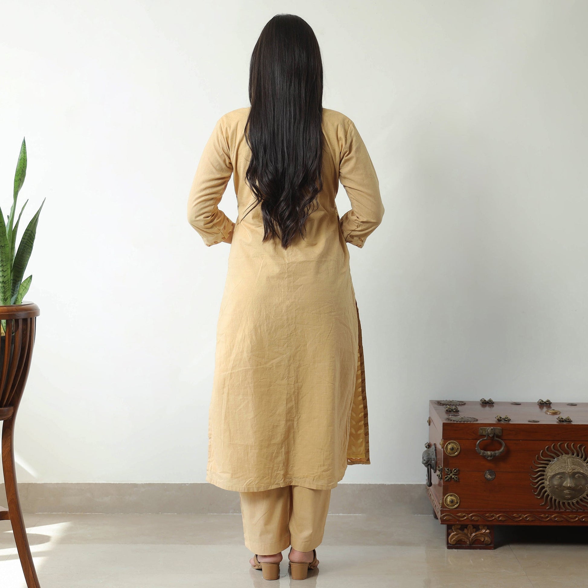 Beige - Applique Cut Work Cotton Kurta with Palazzo & Dupatta Set 01