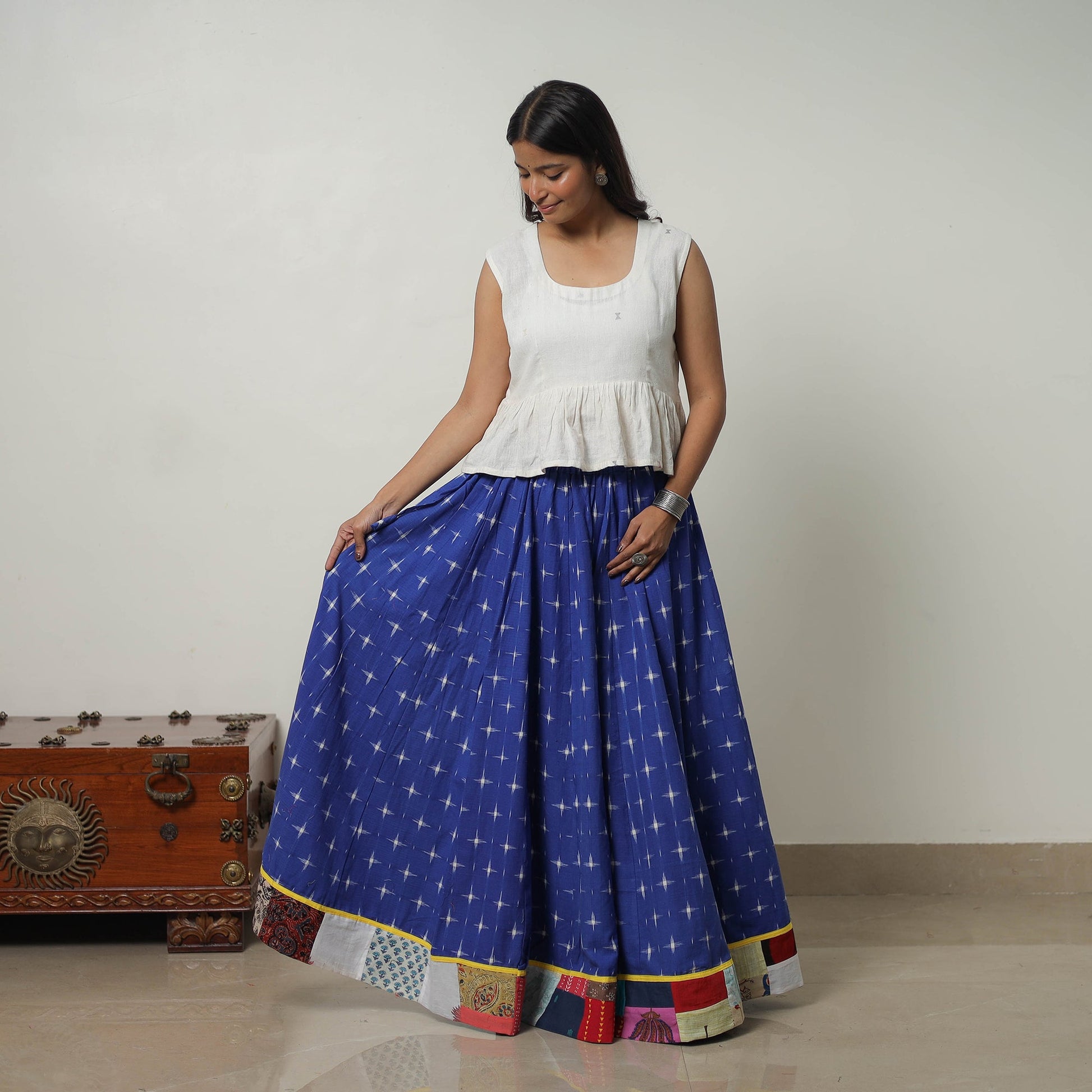 Blue - 24 Kali Cotton Pochampally Ikat Skirt 26