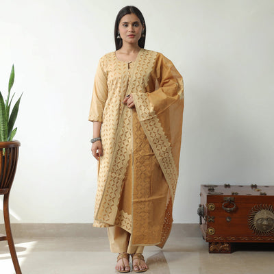 Beige - Applique Cut Work Cotton Kurta with Palazzo & Dupatta Set 01