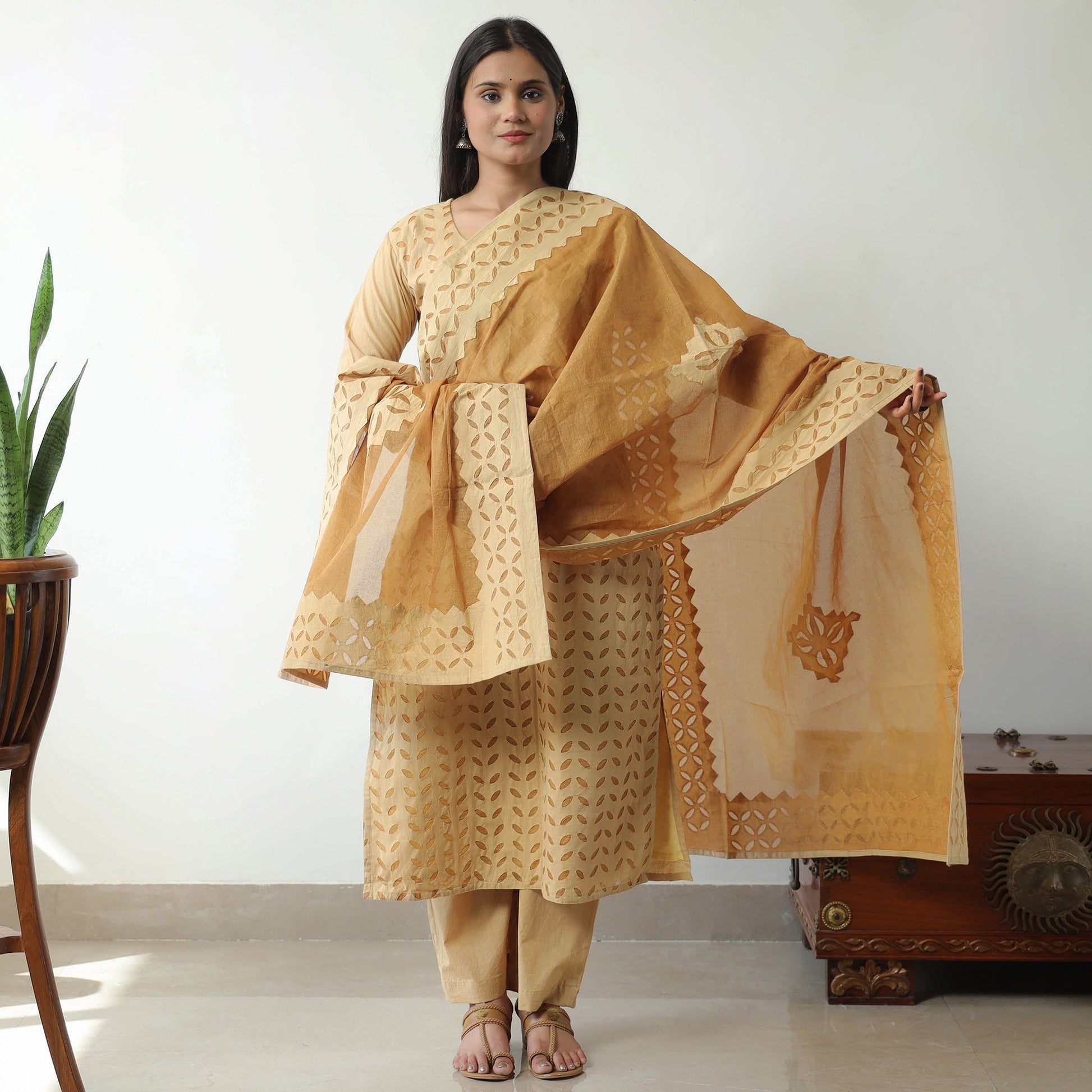 Beige - Applique Cut Work Cotton Kurta with Palazzo & Dupatta Set 01